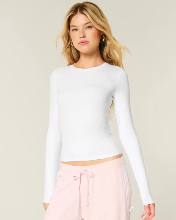 Bezszwowy top z długim rękawem i okrągłym dekoltem