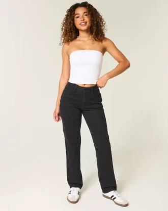 Czarne, proste dżinsy z wysokim stanem