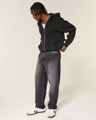 Czarne, sprane, z logo, spodnie typu skater baggy