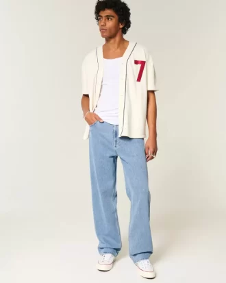 Jeansy Baggy z haftem w średnim odcieniu