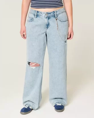 Jeansy Baggy z niskim stanem i przetarciami, w kolorze jasnego sprania