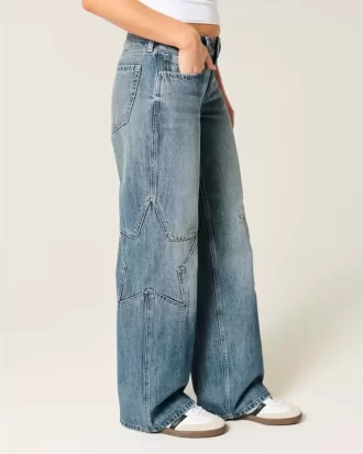 Jeansy baggy z niskim stanem i średnim stanem, z grafiką Star