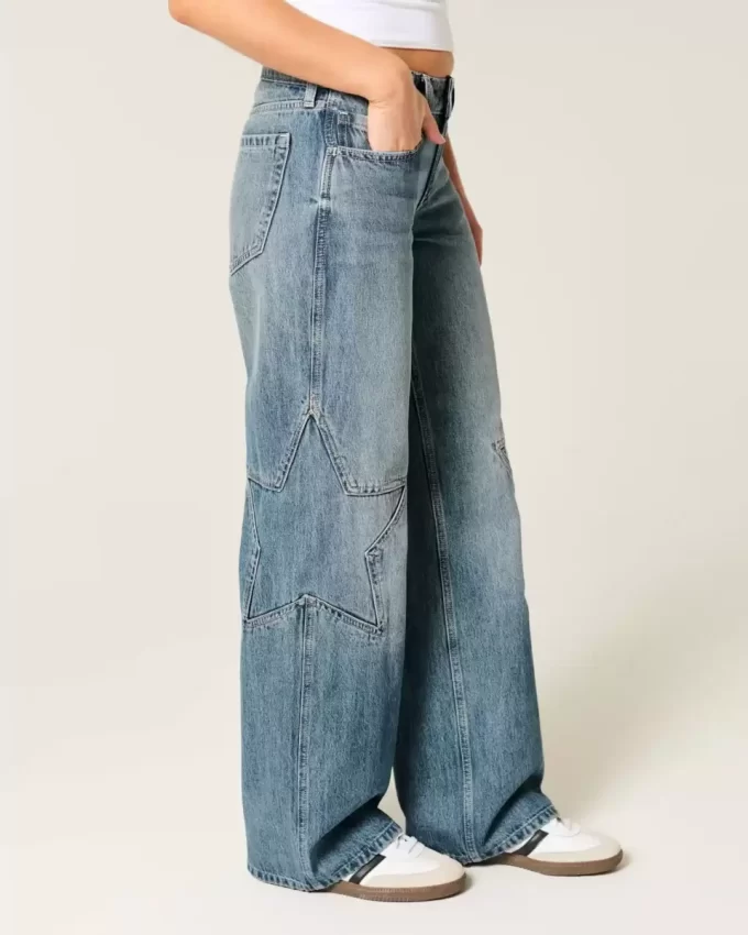 Jeansy baggy z niskim stanem i średnim stanem, z grafiką Star