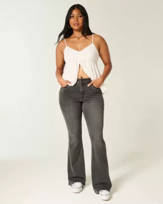 Jeansy dzwony z wysokim stanem, sprane, czarne, haftowane Jeansy dzwony z wysokim stanem, sprane, czarne, haftowane