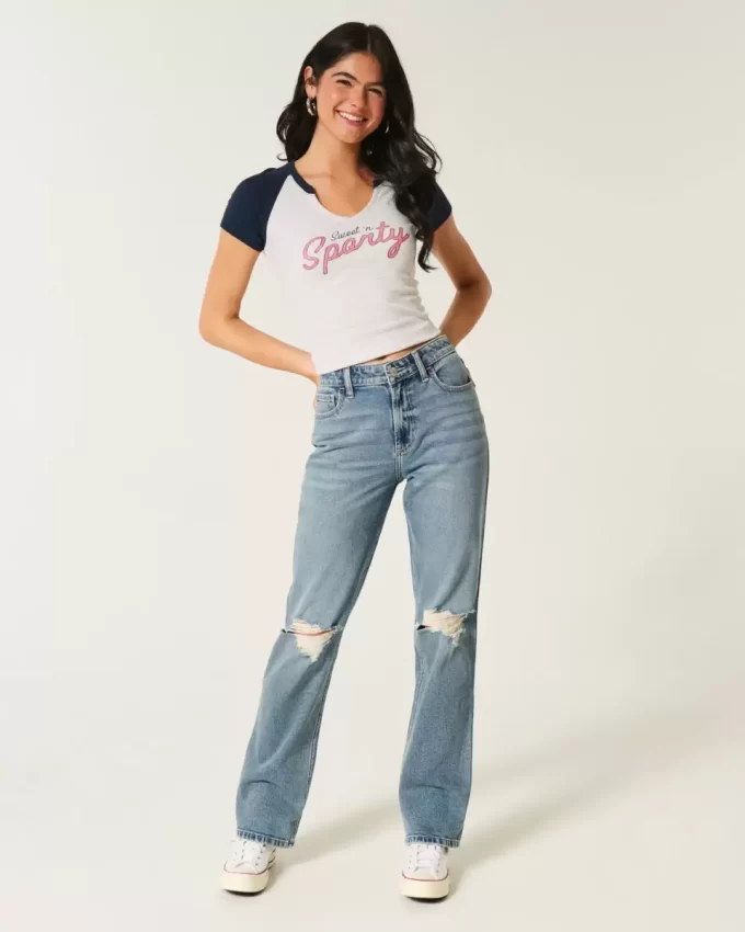 Jeansy Ripped Medium Wash High-Rise Straight