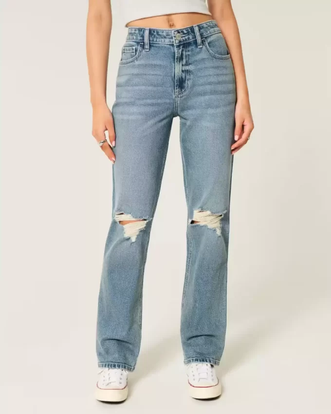 Jeansy Ripped Medium Wash High-Rise Straight