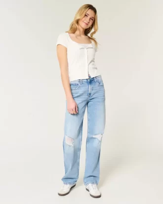 Jeansy typu dad jeans z wysokim stanem i przetarciami, w średnim odcieniu Jeansy typu dad jeans z wysokim stanem i przetarciami, w średnim odcieniu