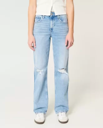 Jeansy typu dad jeans z wysokim stanem i przetarciami, w średnim odcieniu Jeansy typu dad jeans z wysokim stanem i przetarciami, w średnim odcieniu