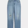 Jeansy typu dad jeans z wysokim stanem i rozdarciami w średnim odcieniu