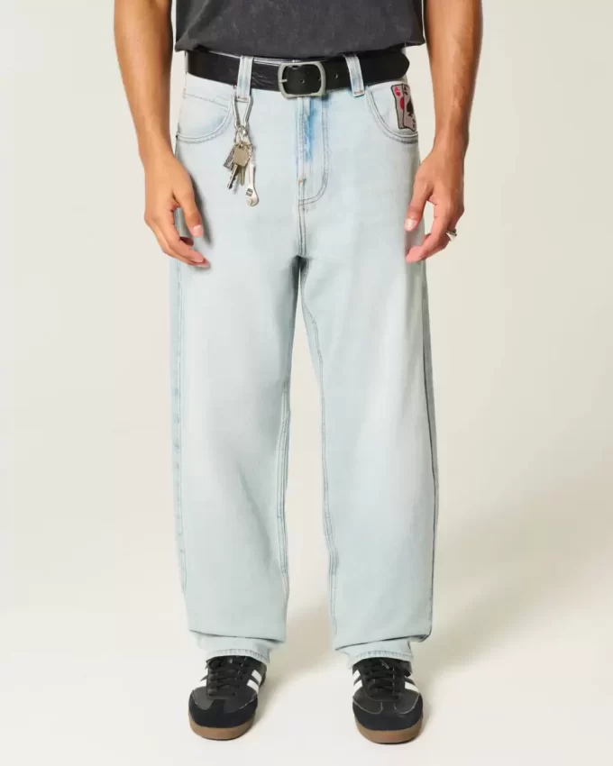 Jeansy typu skater baggy z grafiką w jasnoniebieskie wzory