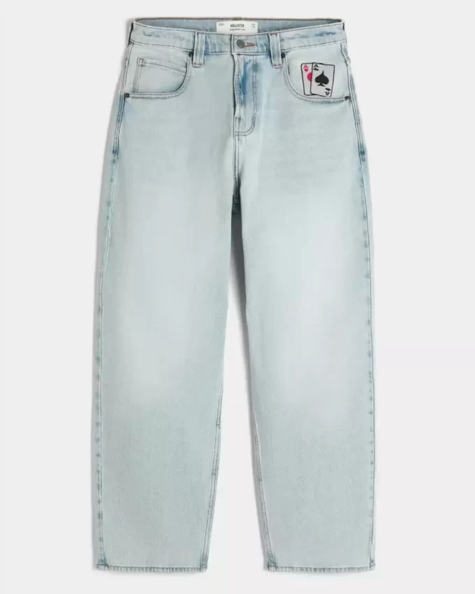 Jeansy typu skater baggy z grafiką w jasnoniebieskie wzory