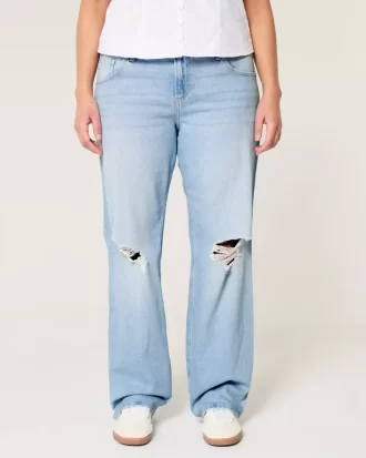 Jeansy z niskim stanem, rozdarte, lekko sprane, luźne, proste