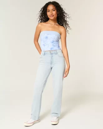 Jeansy z wysokim stanem i prostymi nogawkami, lekko sprane