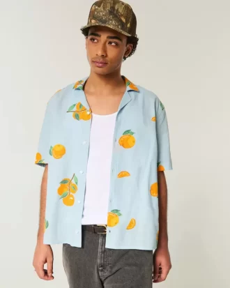 Koszula w kwadratowy wzór z mieszanki lnu i pomarańczowego materiału