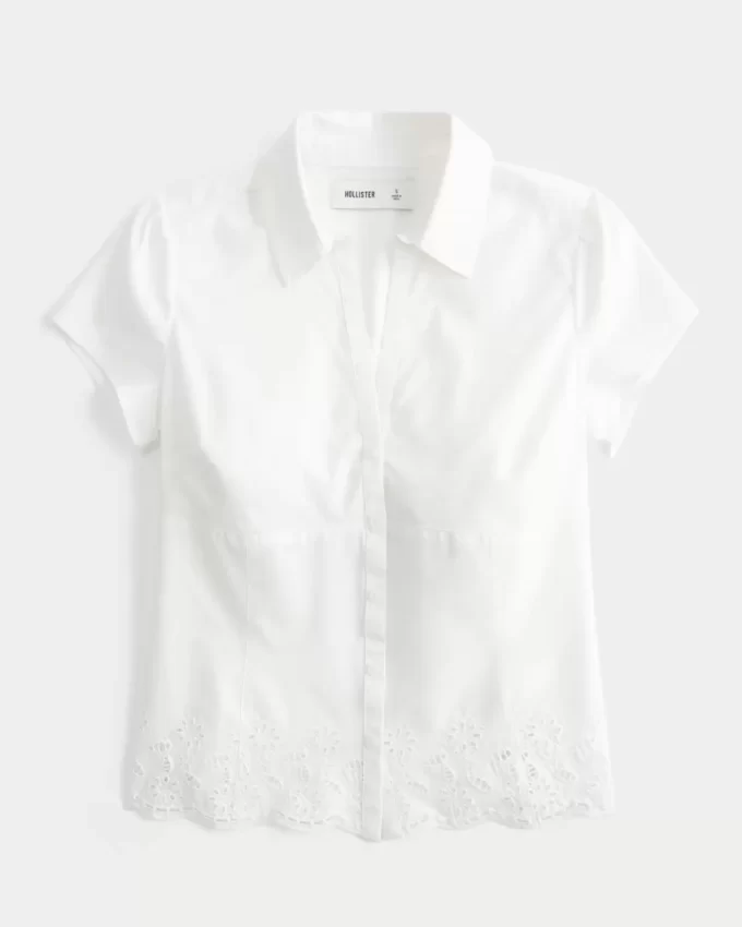 Koszula z krótkim rękawem z elastycznej popeliny z haftem