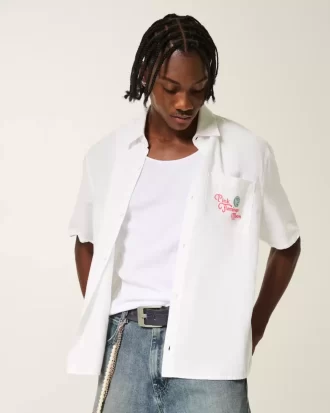 Koszula z krótkim rękawem z mieszanki lnu i różowym nadrukiem księżyca flaminga