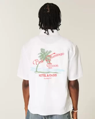 Koszula z krótkim rękawem z mieszanki lnu i różowym nadrukiem księżyca flaminga