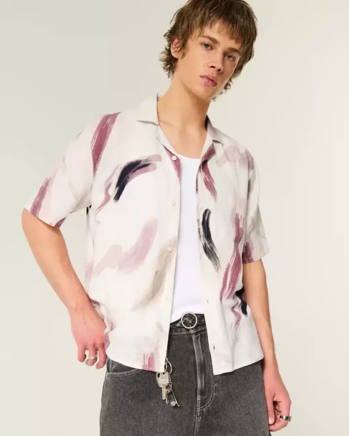 Koszula z krótkim rękawem z mieszanki lnu we wzory Koszula z krótkim rękawem z mieszanki lnu we wzory