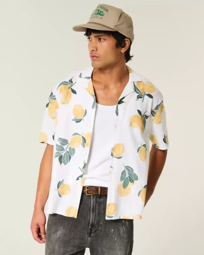 Koszula z mieszanki lnu i cytrynowego wzoru w pudełkowym stylu