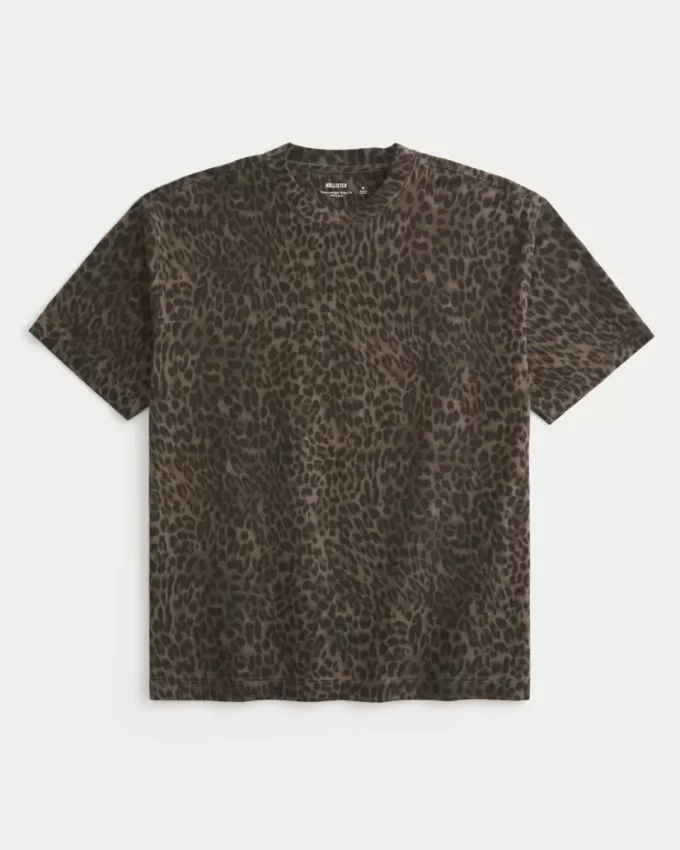 Koszulka z nadrukiem w panterkę, o kwadratowym, ciężkim kolorze bawełny