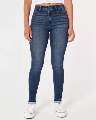 Leginsy jeansowe z wysokim stanem i ciemnym spraniem