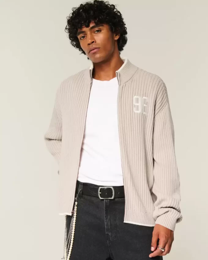 Luźny sweter z nadrukiem i zamkiem błyskawicznym