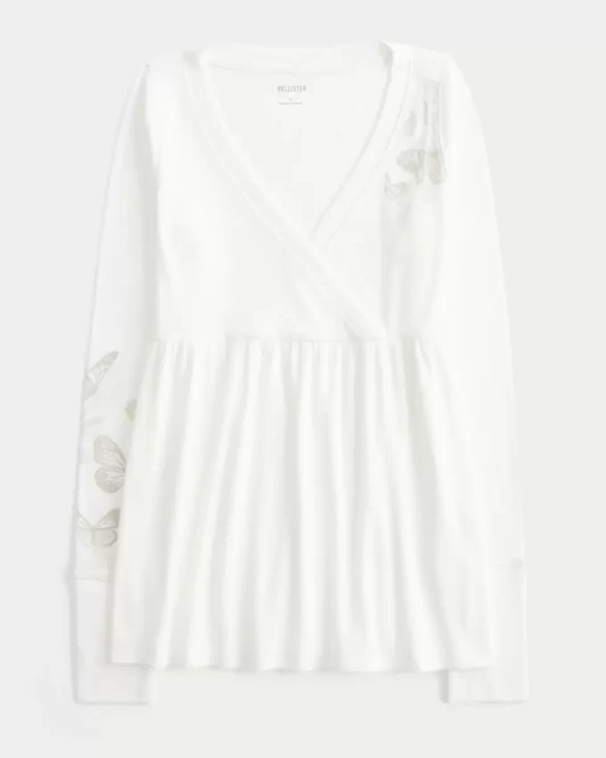 Luźny top typu babydoll z długim rękawem i wzorem motyli Luźny top typu babydoll z długim rękawem i wzorem motyli