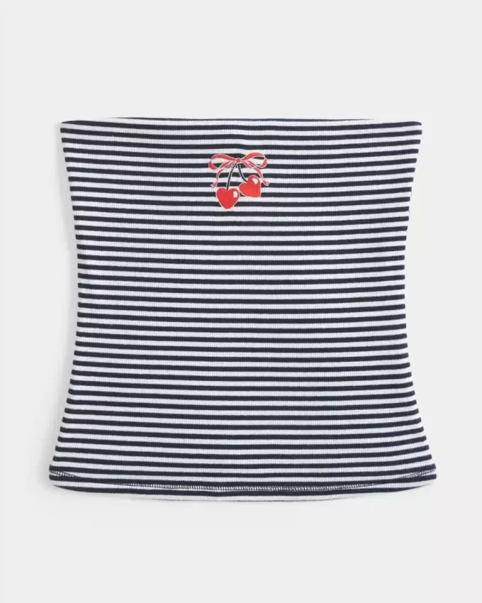 Prążkowany, bez ramiączek, haftowany top typu tuba z wiśni