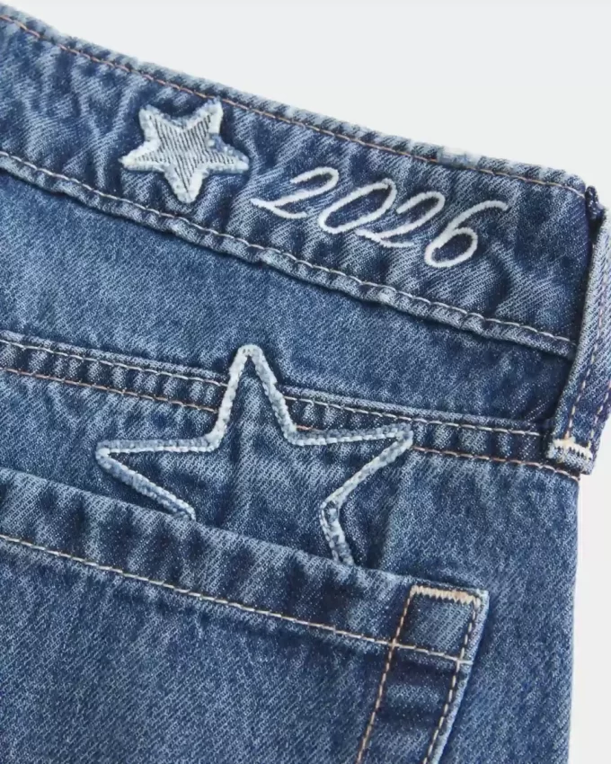 Spodnie jeansowe Baggy z niskim stanem i ciemnym spraniem, rocznik 2026, haftowane