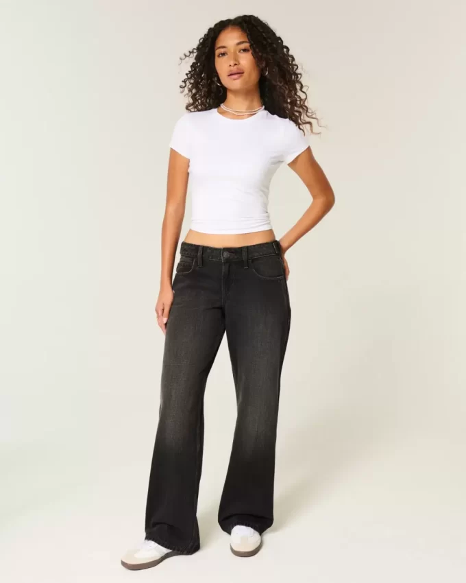 Spodnie jeansowe Baggy z niskim stanem i regulowanym stanem w kolorze spranej czerni Spodnie jeansowe Baggy z niskim stanem i regulowanym stanem w kolorze spranej czerni