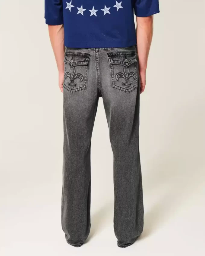 Sprane czarne, haftowane, luźne jeansy typu bootcut