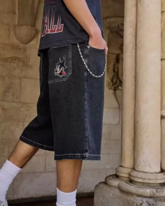 Sprane czarne spodenki jeansowe z grafiką Super Baggy Cat