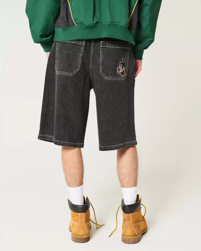 Sprane czarne spodenki jeansowe z grafiką Super Baggy Cat Sprane czarne spodenki jeansowe z grafiką Super Baggy Cat