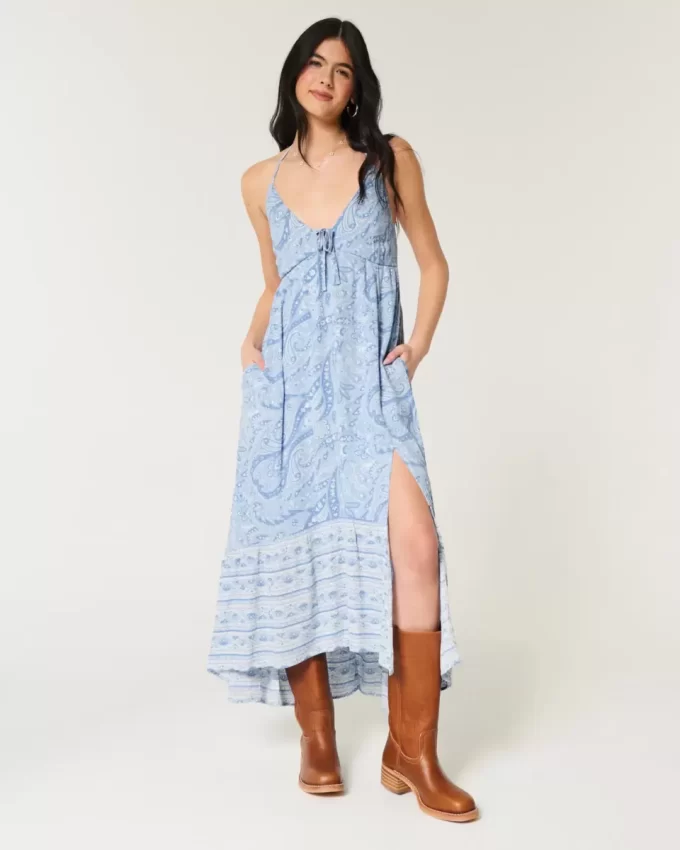 Sukienka maxi z asymetrycznym dołem i halterem