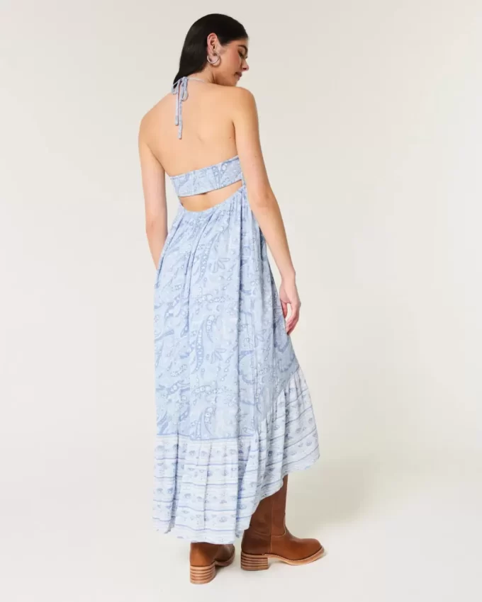 Sukienka maxi z asymetrycznym dołem i halterem