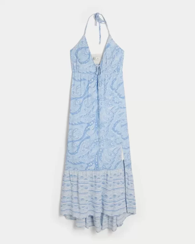 Sukienka maxi z asymetrycznym dołem i halterem