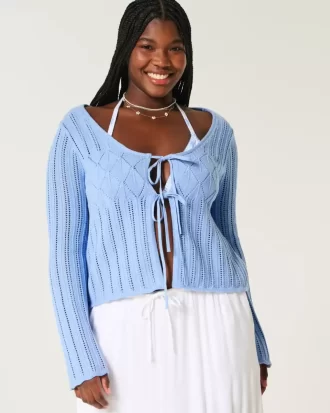 Sweter z fakturą w stylu szydełkowym, wiązany z przodu