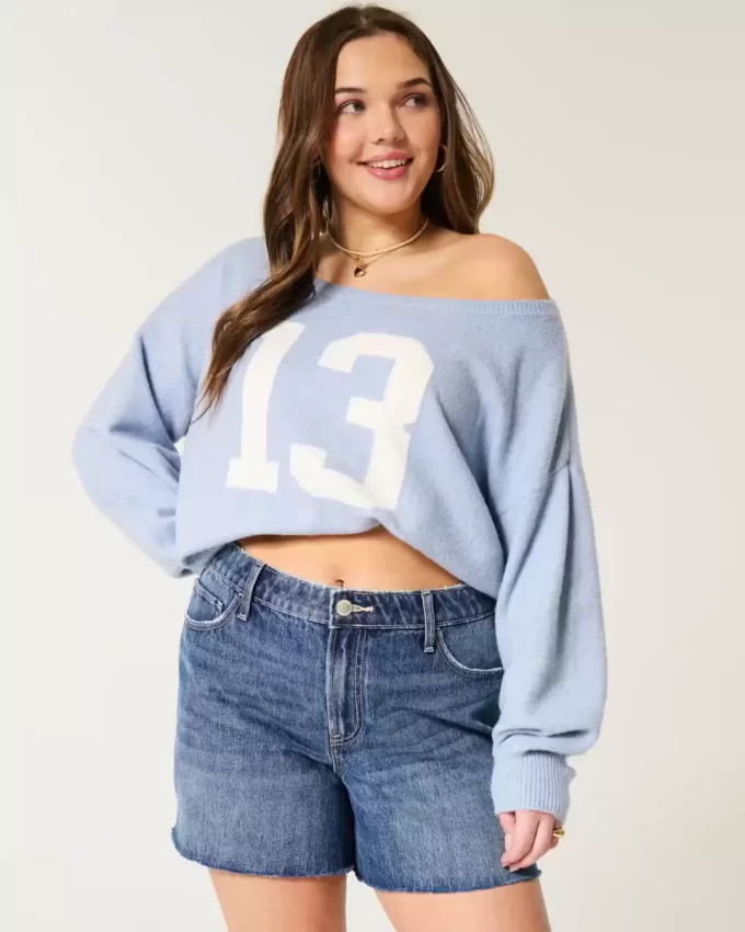 Szorty jeansowe z wysokim stanem, w kolorze średniego ciemnego sprania, luźne, 5 cali