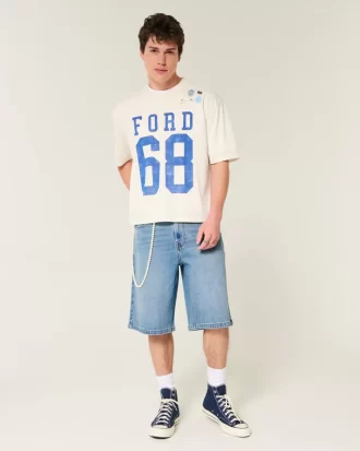 Szorty jeansowe za kolano, o średnim stopniu sprania, superluźne