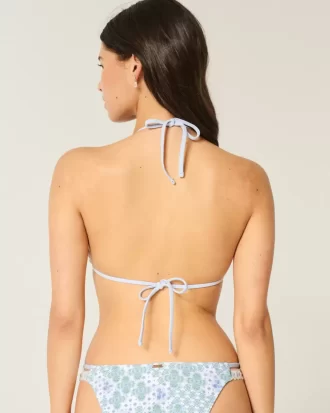 Top bikini typu halter z trójkątnym dekoltem i wykończeniem szydełkowym