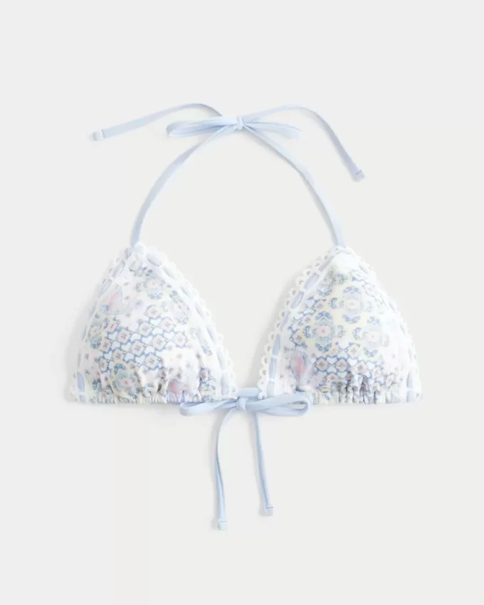 Top bikini typu halter z trójkątnym dekoltem i wykończeniem szydełkowym