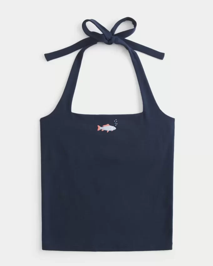 Top z koralikami i grafiką typu halter