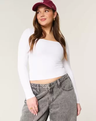 Top z prążkowanej, bezszwowej tkaniny z kwadratowym dekoltem